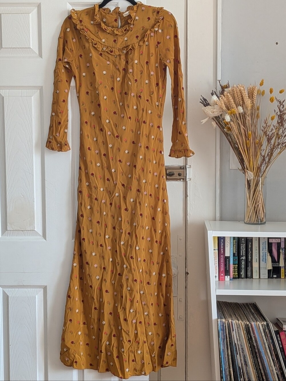 Doen Yellow Embroidered Silk Bias Maxi Dress S